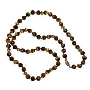 Hand-Knotted Tiger's Eye Necklace, Gold Bead Accents, 14 K Clasp